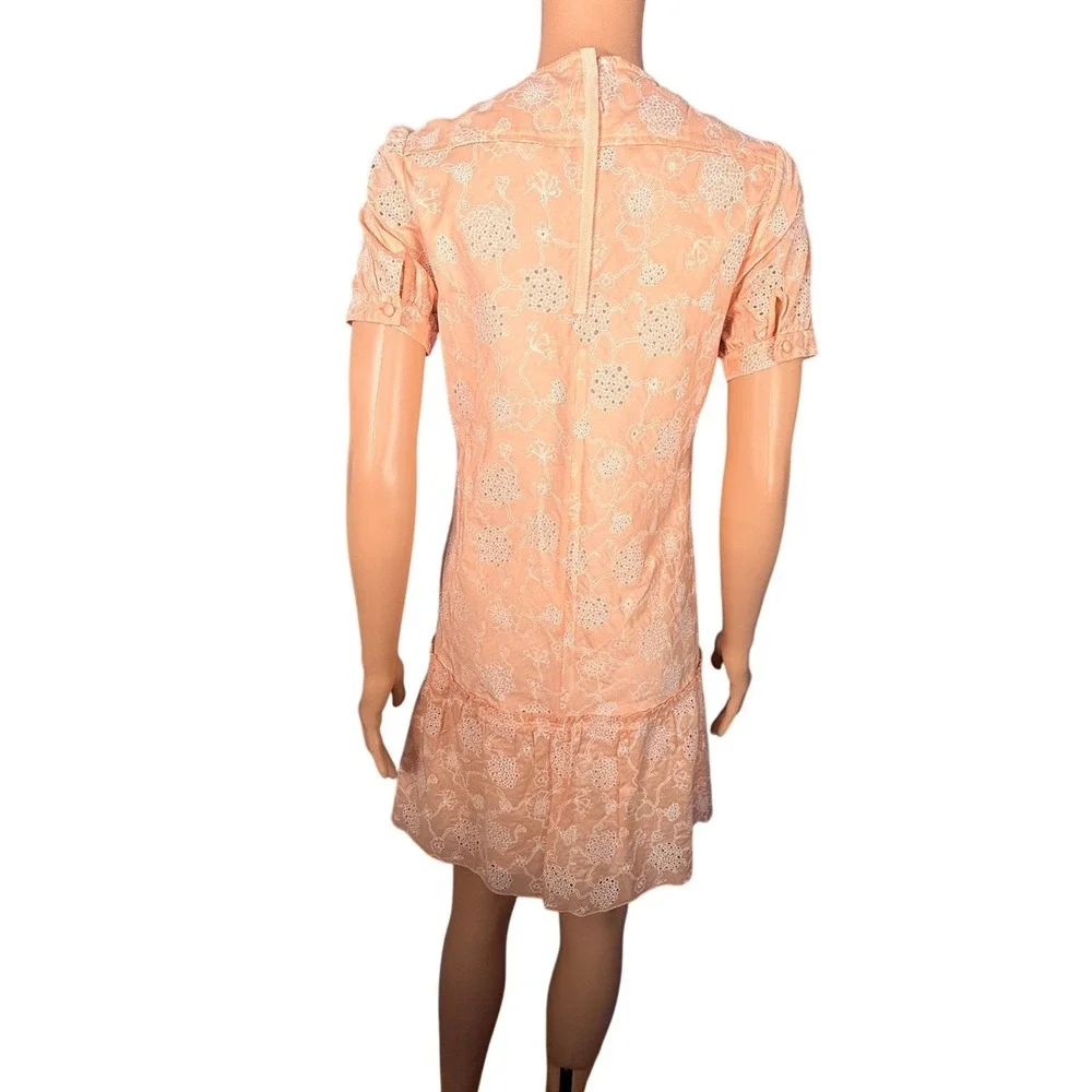 Coach New York Peach Eyelet Embroidered Drop Waist Ruffle Shift Dress Womens 0
